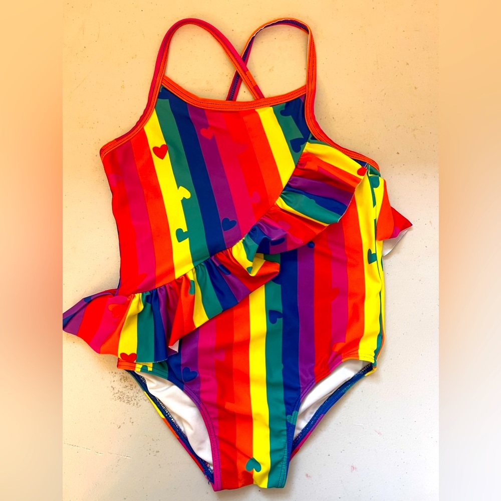Girls Tucker + Tate Rainbow Swimsuit w/ hearts and ruffle Size 4